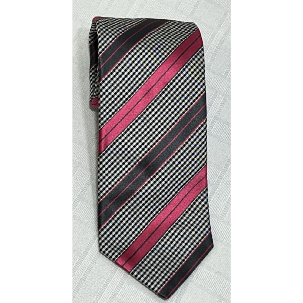NEW! GEOFF NICHOLSON Made ITALY Tie Silk Tie Pink White Gray 100% Silk Necktie
